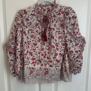 Ulla Johnson Cotton Cream Blouse with Red Floral Print and Tassel Tie